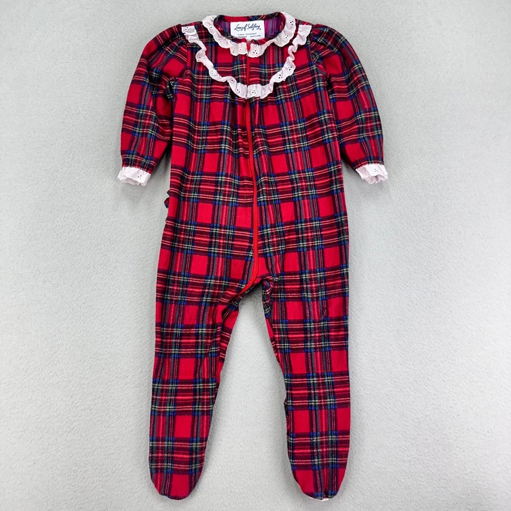 Vintage Lanz of Salzburg Pajama Onesie Girl size 2T Tartan Plaid Holiday 90s USA